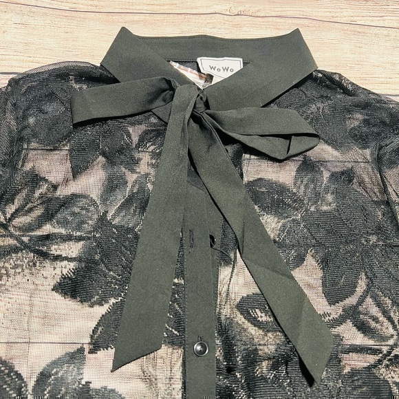 Black Tied Lace Sheer Blouse Button Down - Picture 3 of 5